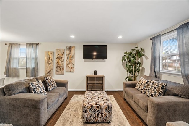 living room featuring dark hardwood / wood-style flooring and a healthy amount of sunlight