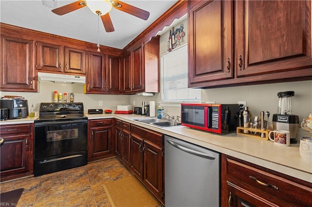 kitchen with black appliances, ceiling fan, and sink