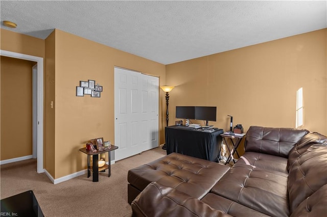 carpeted living room with a textured ceiling