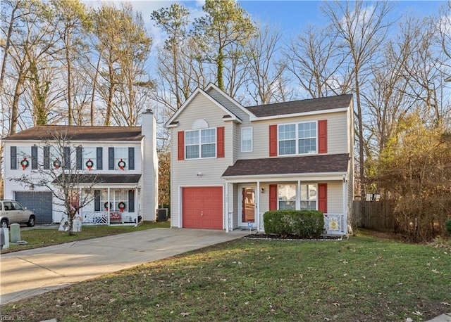 view of front of house with a porch, a garage, central air condition unit, and a front yard