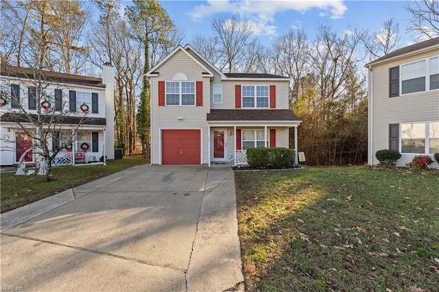 view of front of property with central AC, a front yard, and a garage