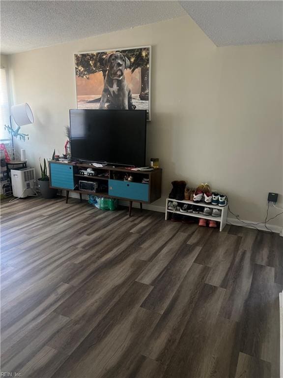 living room with a textured ceiling and wood-type flooring