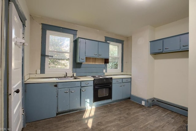 kitchen with electric range, sink, wall oven, dark hardwood / wood-style floors, and blue cabinets