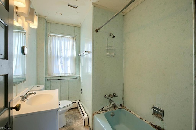 full bathroom with vanity, a baseboard radiator, toilet, and  shower combination