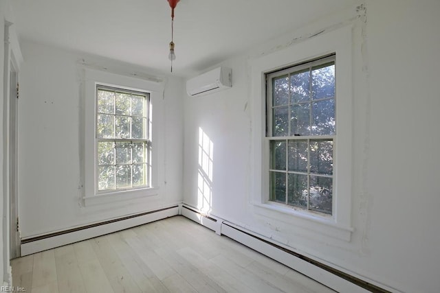 unfurnished dining area featuring light wood-type flooring and a wall unit AC