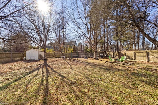 view of yard featuring a storage unit