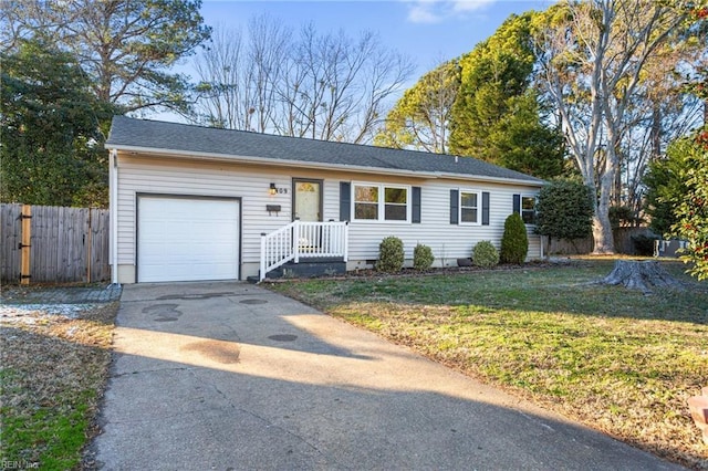 ranch-style house with a garage and a front yard