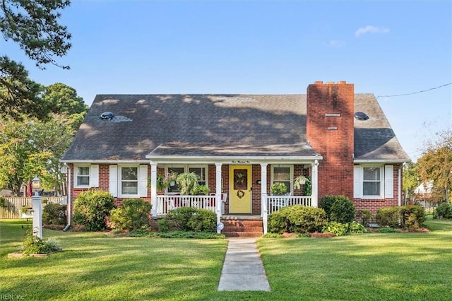 view of front of home featuring covered porch and a front lawn