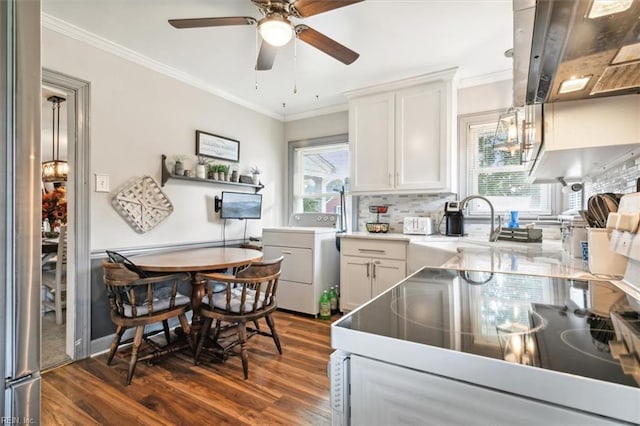 kitchen with hanging light fixtures, tasteful backsplash, dark hardwood / wood-style floors, washer / clothes dryer, and white cabinets