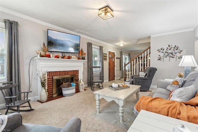 living room featuring carpet floors, ornamental molding, and a brick fireplace