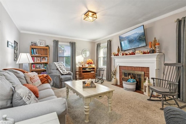 carpeted living room featuring a brick fireplace and crown molding