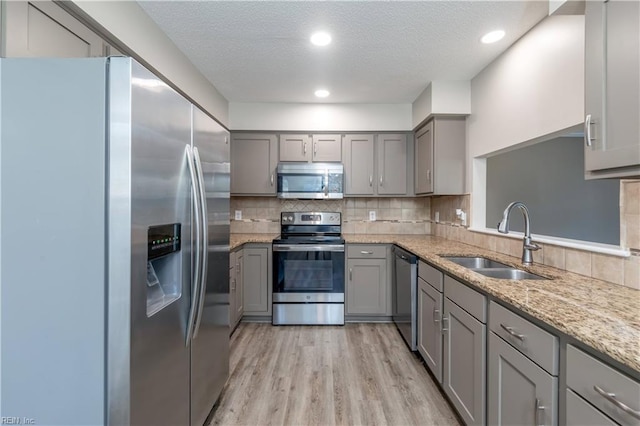 kitchen featuring gray cabinetry, sink, decorative backsplash, light hardwood / wood-style floors, and stainless steel appliances