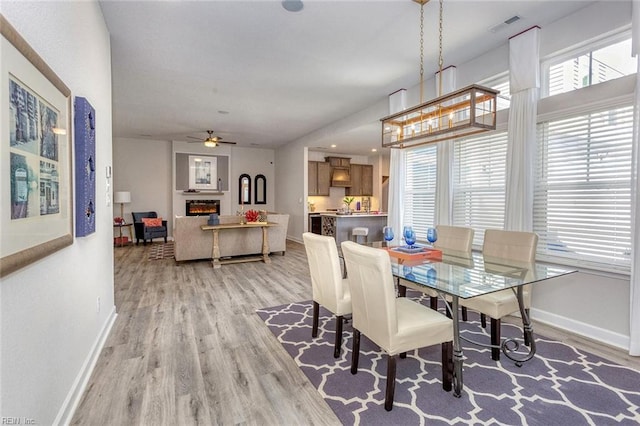 dining room with light hardwood / wood-style flooring and ceiling fan