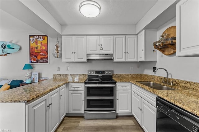 kitchen featuring dishwasher, double oven range, sink, kitchen peninsula, and white cabinetry