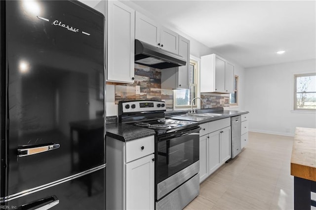 kitchen featuring white cabinets, decorative backsplash, stainless steel appliances, and sink