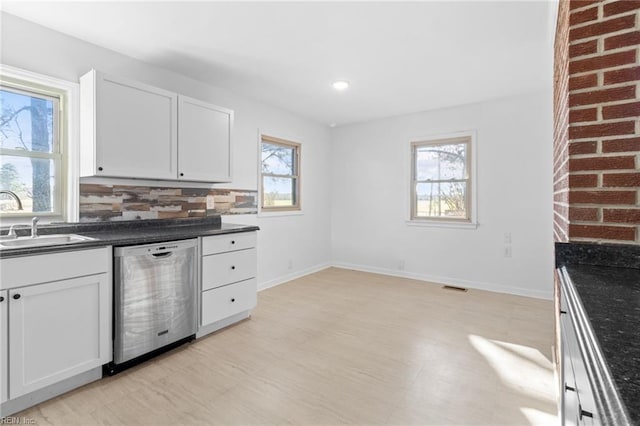 kitchen with backsplash, white cabinets, dark stone counters, sink, and dishwasher