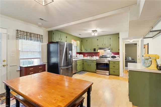 kitchen with appliances with stainless steel finishes, backsplash, ornamental molding, green cabinetry, and light hardwood / wood-style floors