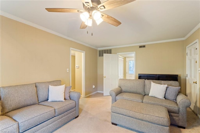 living room featuring light carpet, ceiling fan, and crown molding