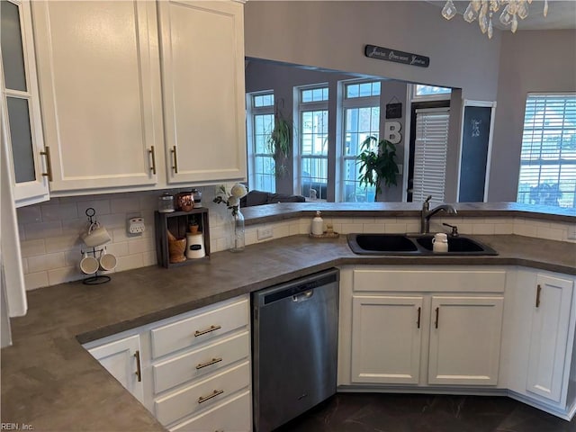 kitchen with kitchen peninsula, white cabinets, tasteful backsplash, sink, and dishwasher