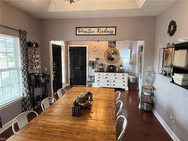 dining space with dark hardwood / wood-style floors and a raised ceiling