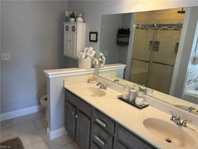 bathroom with tile patterned floors, vanity, toilet, and walk in shower