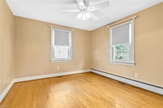 empty room featuring ceiling fan, light hardwood / wood-style flooring, and a baseboard radiator