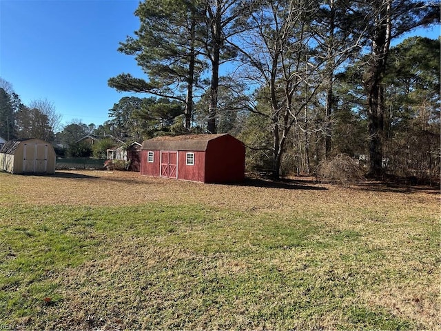 view of yard featuring a storage unit