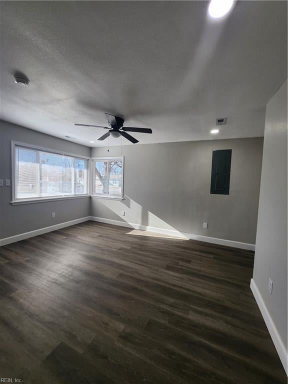 unfurnished room with electric panel, ceiling fan, and dark wood-type flooring