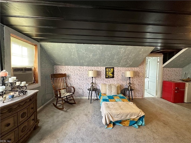 carpeted bedroom with cooling unit and vaulted ceiling