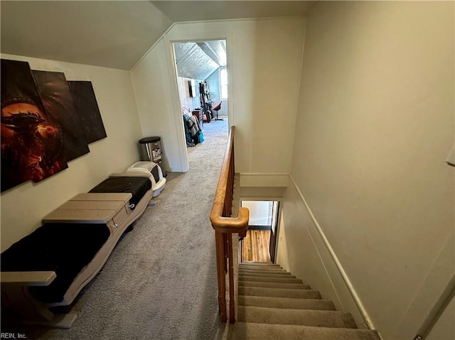 stairs featuring carpet and lofted ceiling