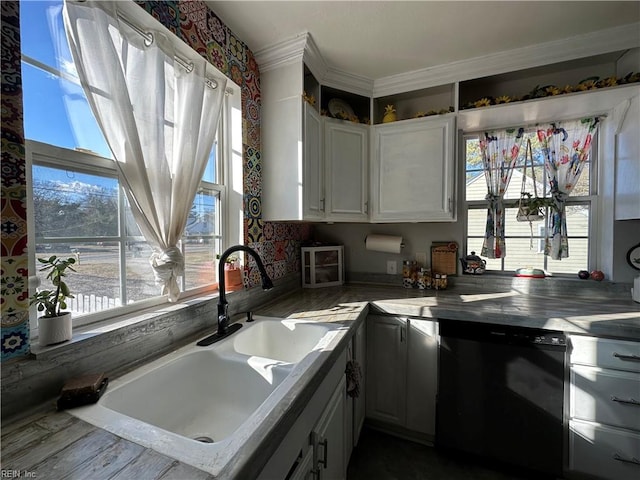 kitchen with white cabinets, sink, and black dishwasher