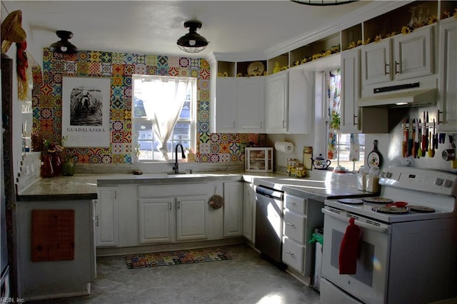 kitchen featuring white cabinets, a healthy amount of sunlight, white electric stove, and stainless steel dishwasher