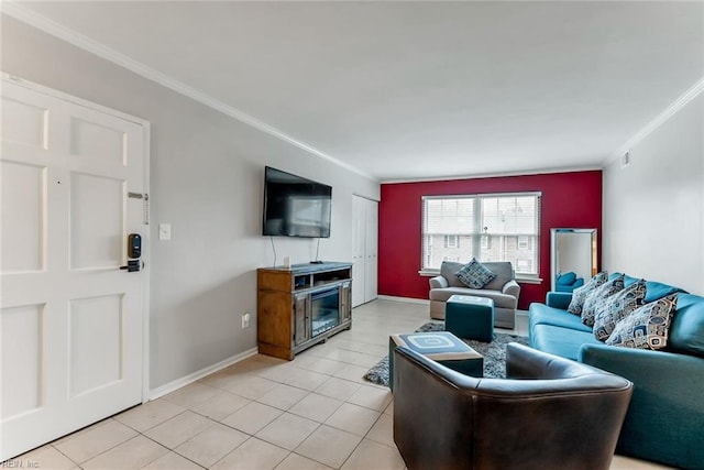 living room featuring light tile patterned floors and crown molding