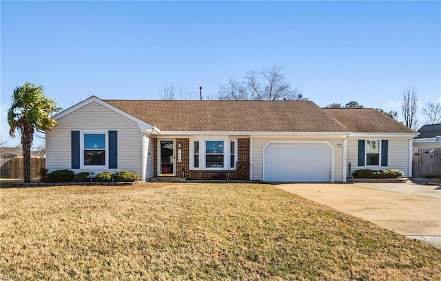 ranch-style house with a garage and a front lawn