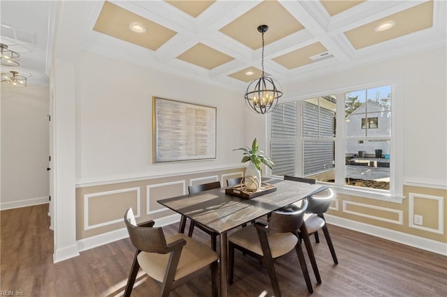 dining room with beamed ceiling, dark wood-type flooring, and coffered ceiling