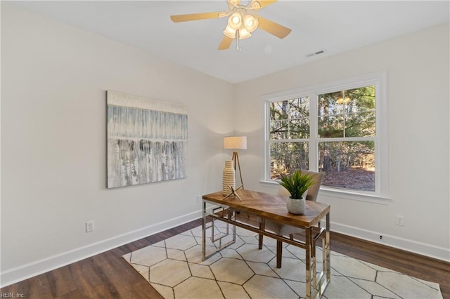 office area featuring hardwood / wood-style floors and ceiling fan