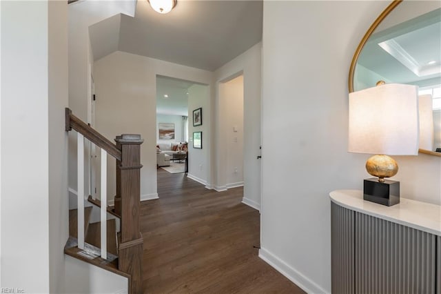 hall with a tray ceiling and dark hardwood / wood-style floors