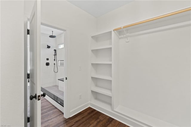 spacious closet featuring dark hardwood / wood-style floors