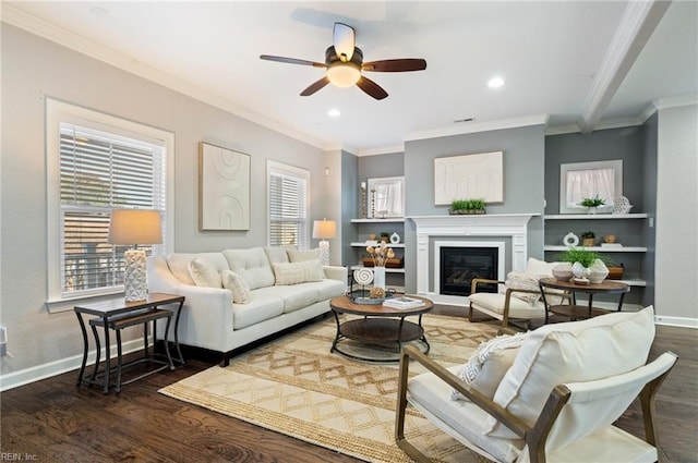 living room with ceiling fan, dark hardwood / wood-style floors, and ornamental molding