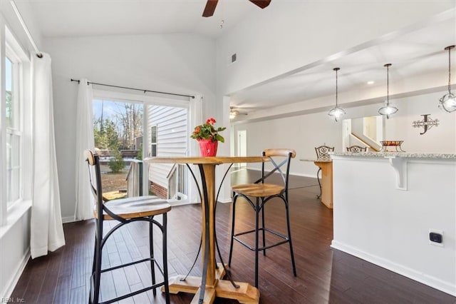 dining area featuring ceiling fan, dark hardwood / wood-style flooring, and lofted ceiling