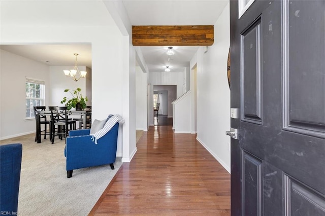 foyer with beam ceiling, dark hardwood / wood-style flooring, and an inviting chandelier