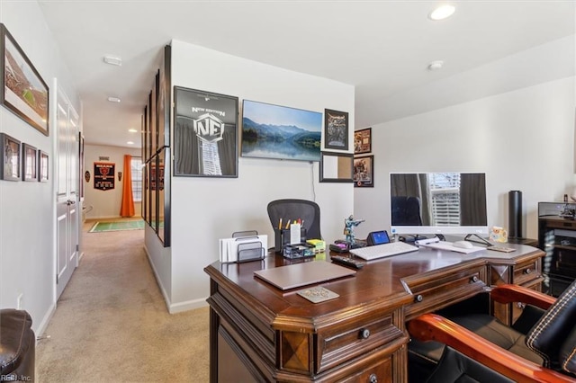 home office with light carpet