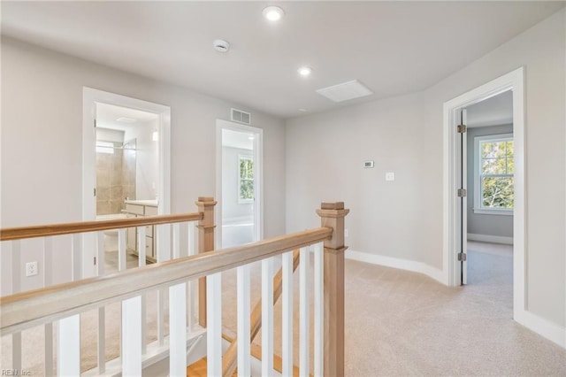 corridor with light colored carpet