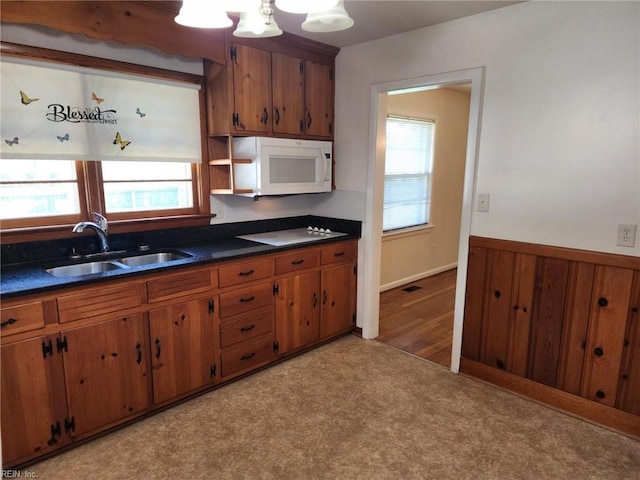 kitchen with light carpet, a wealth of natural light, wood walls, and sink