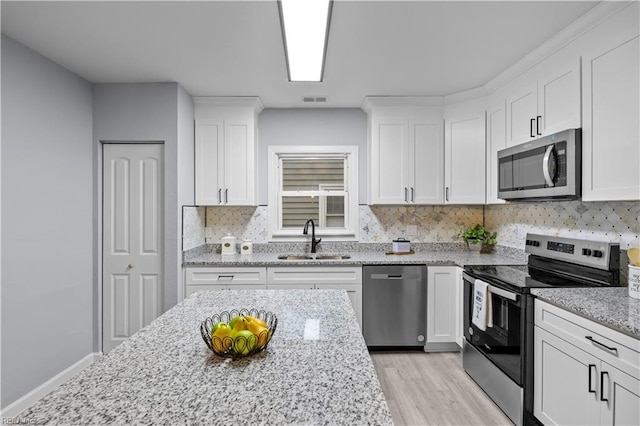 kitchen featuring backsplash, white cabinets, sink, light stone countertops, and appliances with stainless steel finishes