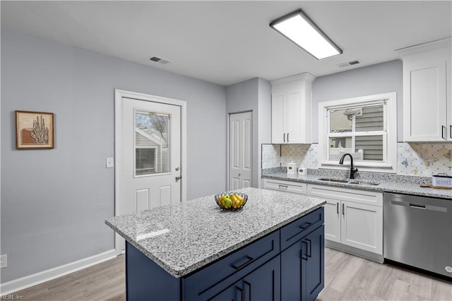 kitchen with white cabinets, stainless steel dishwasher, a kitchen island, and sink