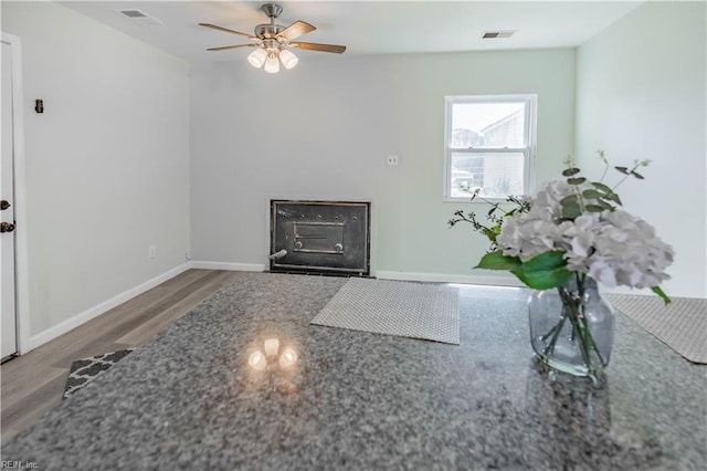 foyer with ceiling fan and wood-type flooring