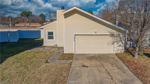 view of property exterior with a lawn and a garage