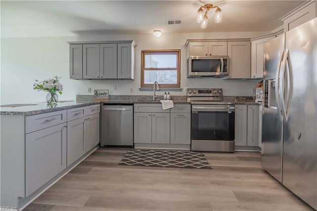 kitchen featuring kitchen peninsula, stainless steel appliances, sink, dark stone countertops, and gray cabinets