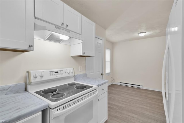 kitchen featuring white cabinets, light stone countertops, white appliances, and baseboard heating